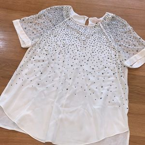 REBECCA TAYLOR Size 8 Ivory Bedazzled Beaded Silk Short Sleeve Blouse ~Shirt Top